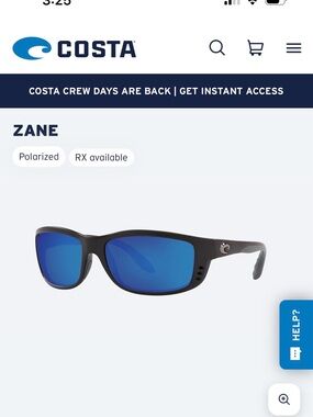 Costa Zane Polarized Sunglasses 580P Blackout Blue Mirrored Lenses Black Frame